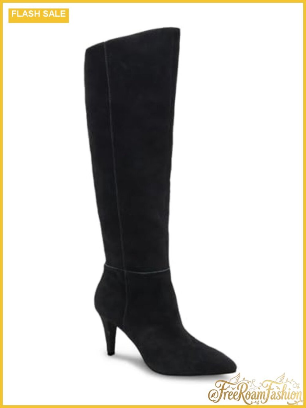 Wide Calf Knee High Stiletto Boots Pointed Toe Faux Suede Side Zip